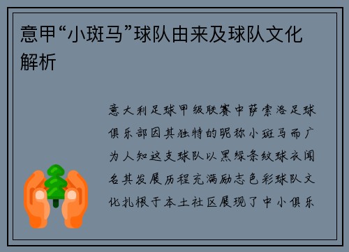 意甲“小斑马”球队由来及球队文化解析